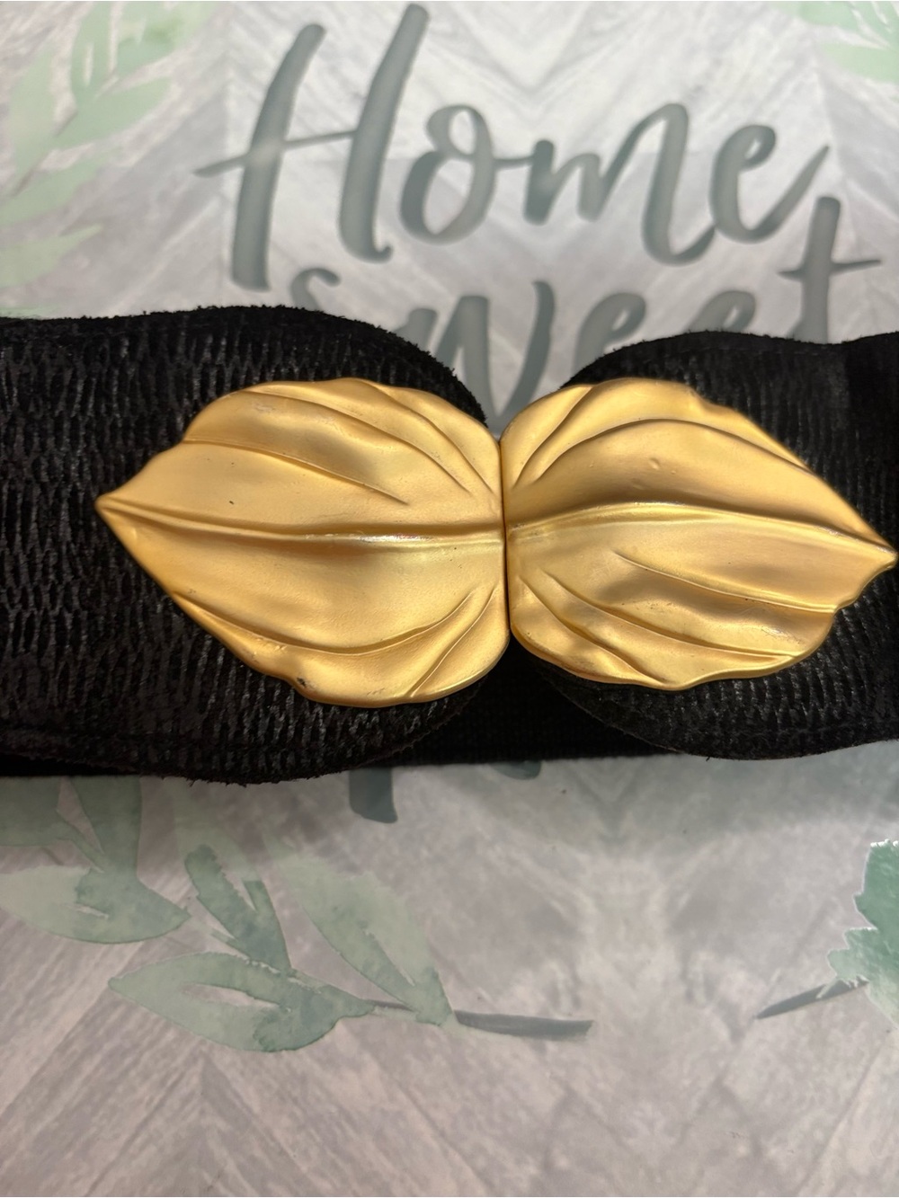 Vintage AXCESS Black Stretch Waist Belt Gold Leaf Buckle Leather L/XL